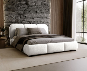 ROZA Łóżko tapicerowane z pojemnikiem na pościel w tkaninie boucle