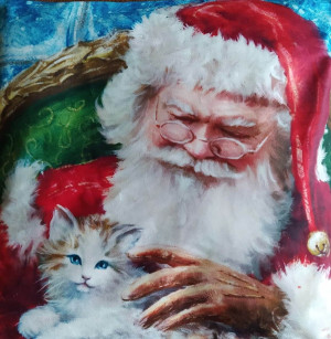 Bożonarodzeniowa poszewka dekoracyjna ze Świętym Mikołajem i kotkiem