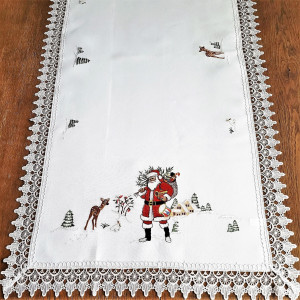 Bieżnik świąteczny 60x120 w kolorze białym z wyhaftowanym Świętym Mikołajem