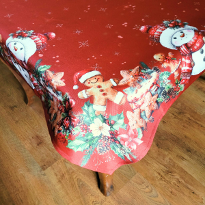 Obrus świąteczny 130x180 w kolorze czerwonym z bałwankiem
