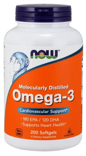 NOW Foods - Omega 3, Molekularnie Destylowany Olej Rybny, 200 kapsułek miękkich