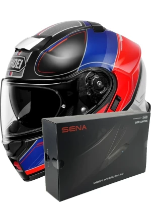 Zestaw: kask szczękowy Shoei Neotec 3 Sharpen TC-10 niebiesko-czerwony + dedykowany interkom motocyklowy Sena SRL 3 + Gratisy