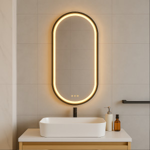 Lustro z oświetleniem LED HANNA, owalne 400x800 mm, rama aluminiowa czarny mat, zmienna barwa światła ciepła/zimna