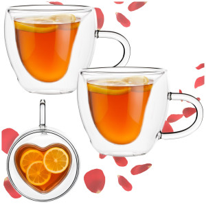 Szklanki z podwójnym dnem 2 szt. termiczne 220 ml serce, filiżanka na kawę herbatę, z uchem