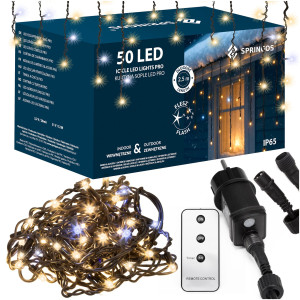 Lampki zewnętrzne PRO 50 LED kurtyna świetlna, sople 2,5m ciepły biały + zimny biały flash, pilot z funkcją timer
