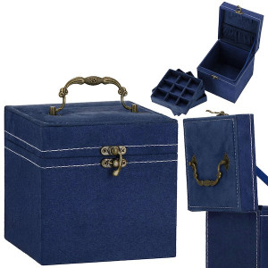 Szkatułka na biżuterię 12x12x12 cm granatowy kuferek z przegródkami welurowy