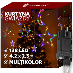 Kurtyna świetlna 138 Led gwiazdy i księżyce światełka świąteczne sople multikolor