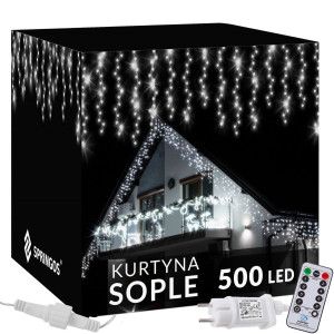 Kurtyna świetlna z pilotem 500 led girlanda, lampki wewnętrzno-zewnętrzne sople zimny biały
