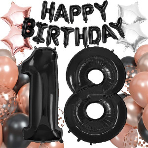 Balony na 18 urodziny zestaw 53 szt. osiemnastka napis happy birthday czarny, rosegold