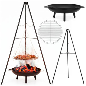 Grill ogniskowy, wiszący 50 cm palenisko z regulowanym rusztem na stojaku