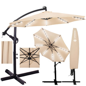 Parasol z oświetleniem LED na taras 300 cm na wysięgniku ogrodowy składany, z korbką ecru