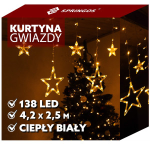 Kurtyna świetlna 138 Led gwiazdki, lampki wewnętrzne światełka sople ciepły biały