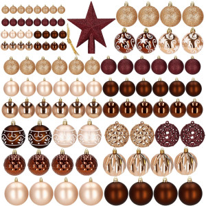 Bombki choinkowe 101 szt. zawieszki na choinkę ozdoby świąteczne z gwiazdą brązowe, rose gold
