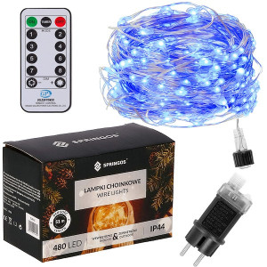 Lampki choinkowe z pilotem 480 led druciki na prąd niebieski