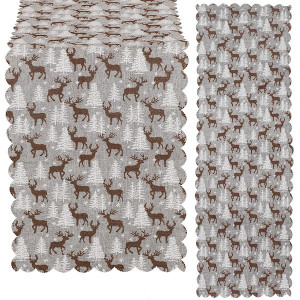 Bieżnik świąteczny na stół 186x35 cm obrus z reniferami i choinkami szary