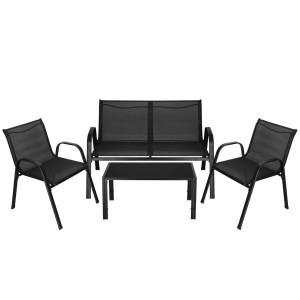 Meble ogrodowe komplet sofa, 2 krzesła i stolik ze szklanym blatem czarne