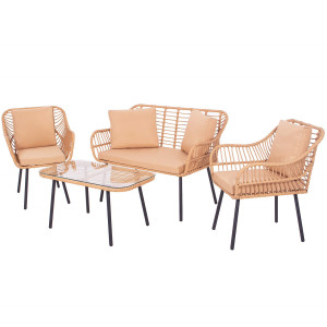 Meble ogrodowe technorattanowe komplet sofa, fotele i stolik ze szklanym blatem beżowe