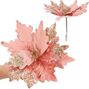 Poinsecja sztuczny kwiat na klipsie gwiazda betlejemska różowa srebrne cekiny