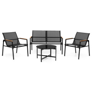 Zestaw mebli ogrodowych dla 4 osób sofa, krzesła, stolik metalowe, czarne