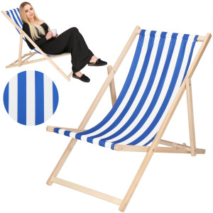 Leżak plażowy składany drewniany 3 stopnie regulacji, ogrodowy biało-niebieskie pasy