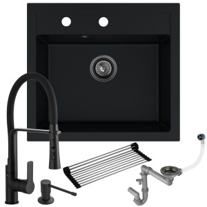 Zlew granitowy czarny Ferrum 1K60: bateria + dozownik + syfon + mata
