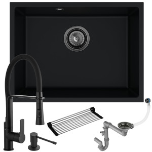 Zlew granitowy czarny Crypton 60: bateria + syfon + dozownik + mata