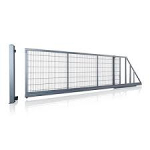 Brama panelowa przesuwna PRAWA 5m x 1,7m + 2 słupy 80x80 + 2 daszki 80x80x2300 kompl. (pełny osprzęt : rolki, najazdy, wózki, zamek hakowy) RAL 7016