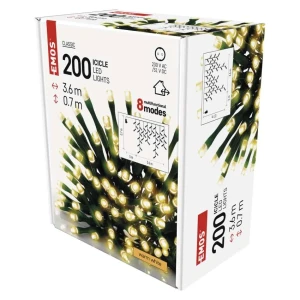 Oświetlenie świąteczne sople 200 LED 3,6m, ciepła biel, zielony przew., 8 programów, IP44 D4CW01 EMOS