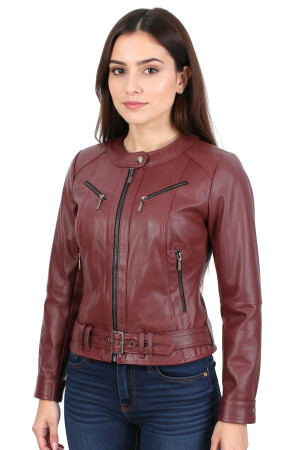 OUT171 - XS - Bordowa kurtka skórzana damska typu biker DORJAN Outlet