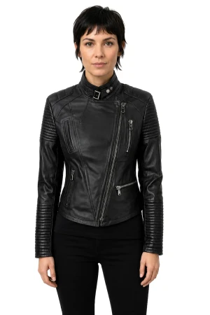 ELI450 - Damska ramoneska biker z czarnej skóry naturalnej DORJAN
