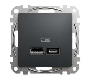 Sedna Design & Elements, gniazdo ładowania USB A+C 2,4A, czarny antracyt; SCHNEIDER