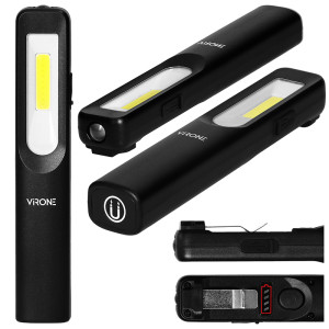 Latarka warsztatowa LED 3W 200lm + 50lm, 1200mAh, 3 tryby: 100%, 50%, dioda frontowa, magnes, klips