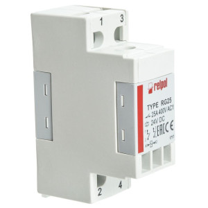 Przekaźnik elektromagnetyczny, przemysłowy - małogabarytowy, montaż na szynie 35mm, napięcie zasilania Un=230VAC, wymiary: 75,5x26x53,5mm, materiał styków: AgSnO2, IP20; RG25-3022-28-3230; RE