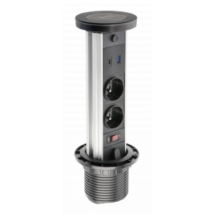 Gniazdo meblowe wpuszczane w blat CAMINO 80mm, 2xgniazdo 230V 2P+Z, USB A+C, ład indukcyjna 10W, przewód 1,5m, czarny; AE-BPW2FCAM-20, GTV