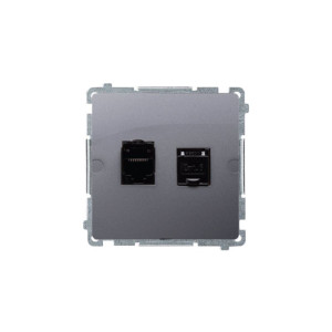 SIMON BASIC Gniazdo komputerowe podwójne RJ45 kategoria 6 z przesłoną przeciwkurzową, moduł, montaż na łapki lub wkręty, srebrny mat; BM62.01/43