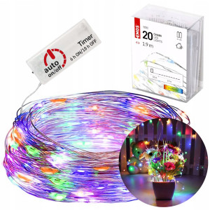 Dekoracje- 20LED nano łezki 1,9m 2x AA multikolor, srebrny przewód, IP20 timer