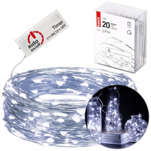 Dekoracje - 20 LED nano łezki 1,9m 2x AA zimna biel, srebrny przewód, IP20 timer