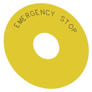 Tabliczka samoprzylepna opisowa żółta z inskrypcją: EMERGENCY STOP; średnica: zewnętrzna 75mm, wewnętrzna 23mm; SIRIUS ACT; 3SU1900-0BC31-0DA0, SIEMENS