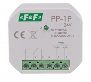 Przekaźnik elektromagnetyczny w obudowie do bezpośredniego montażu w puszce podtynkowej 1P 16A, U=7÷30VAC / 9÷40VDC; PP-1P-24V, F&F FILIPOWSKI