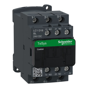 Stycznik mocy TeSys D 3P 18A 7,5kW AC-3 400V, cewka 24VDC niski pobór mocy, styki pomocnicze 1NO 1NC (1Z 1R), zaciski śrubowe; LC1D18BL, SCHNEIDER ELECTRIC