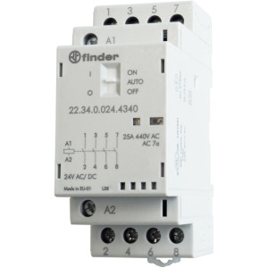 Stycznik modułowy instalacyjny 4Z 25A, sterowanie 24V AC/DC, AUTO-ON-OFF +mechaniczny wskaźnik zadziałania + LED; 22.34.0.024.4340, FINDER