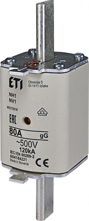 Wkładka bezpiecznikowa przemysłowa zwłoczna KOMBI, NH1 gG 80A/500V (WT-1/gG 80A); 004184221, ETI