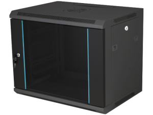 Szafa rackowa wisząca 19" 9U 600x450,drzwi szklane jednoskrzydłowe, tył osłona pełna, osłony boczne zamykane na klucz, kolor czarny, FLAT PACK Q-LANTEC