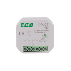 Przekaźnik elektromagnetyczny w obudowie do bezpośredniego montażu w puszce podtynkowej 2Z(2NO) 16A, U=7÷30VAC / 9÷40VDC; PP-2Z-24V, F&F FILIPOWSKI