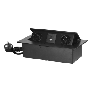 Gniazda meblowe wpuszczane w blat z płaskim frezowanym rantem, ładowarką USB i przewodem 1,5m, 2x2P+Z, 2xUSB (typ A+C; 3,6A), czarne