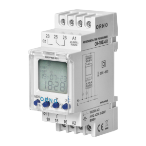 Elektroniczny programator astronomiczny i czasowy, 100 programów, 3 języki menu, 2 wyjścia przekaźnikowe max.16A/230V, szerokość 2 moduły, DIN TH-35mm