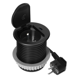 Gniazdo meblowe O6cm wpuszczane w blat z pokrywką, ładowarką USB i przewodem 1,9m, 1x2P+Z (French), 1xUSB (typ C; 20W), czarne