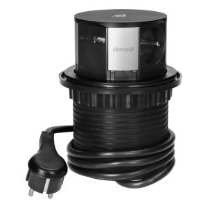 Gniazdo meblowe O10cm wysuwane z blatu z ładowarką indukcyjną, ładowarką USB i przewodem 1,5m, 3x2P+Z, Qi 1.2.4 max. 10W, USB A+C QC 3.0
