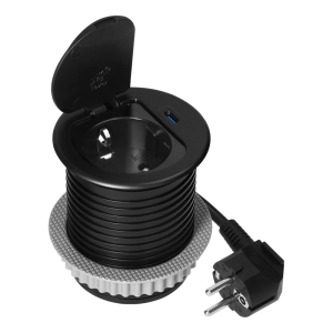 Gniazdo meblowe O6cm wpuszczane w blat z pokrywką, ładowarką USB i przewodem 1,9m, 1x2P+Z (Schuko), 1xUSB (typ C; 20W), czarne