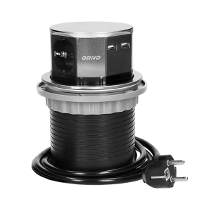 Gniazdo meblowe O10cm wysuwane z blatu z ładowarką USB i przewodem 1,5m, 3x2P+Z, 2xUSB, INOX, schuko